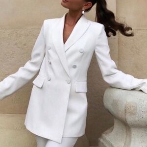 ZARA White Lightweight Double Breasted Blazer White Buttons